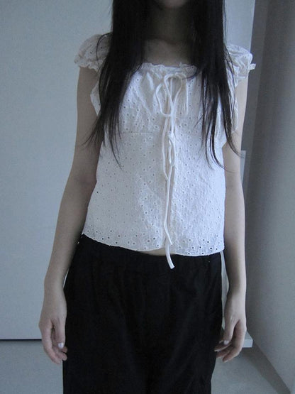 ang project Vintage Korean Summer Layered Hollow Out Tie Crop Top