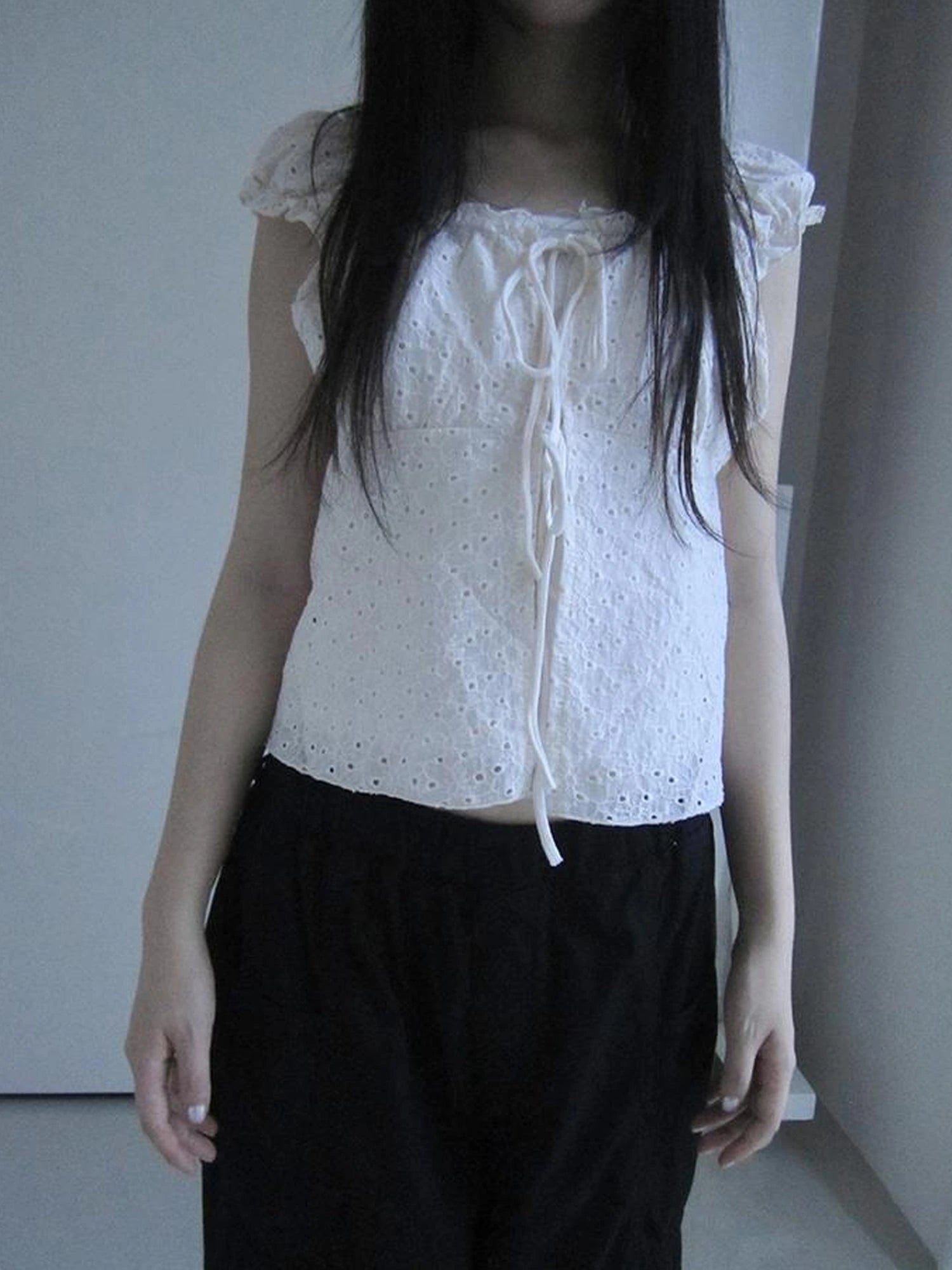 Vintage Korean Summer Layered Hollow Out Tie Crop Top