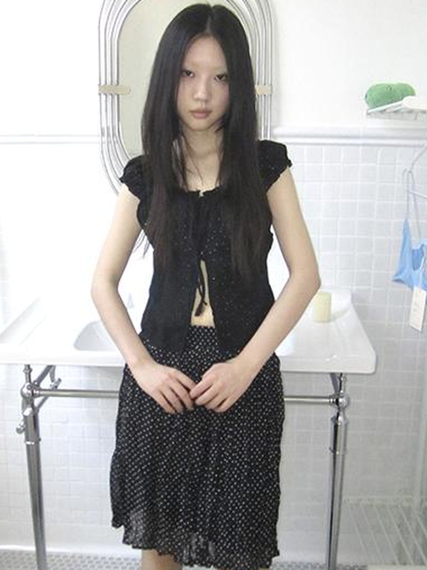 ang project Vintage Korean Summer Layered Hollow Out Tie Crop Top