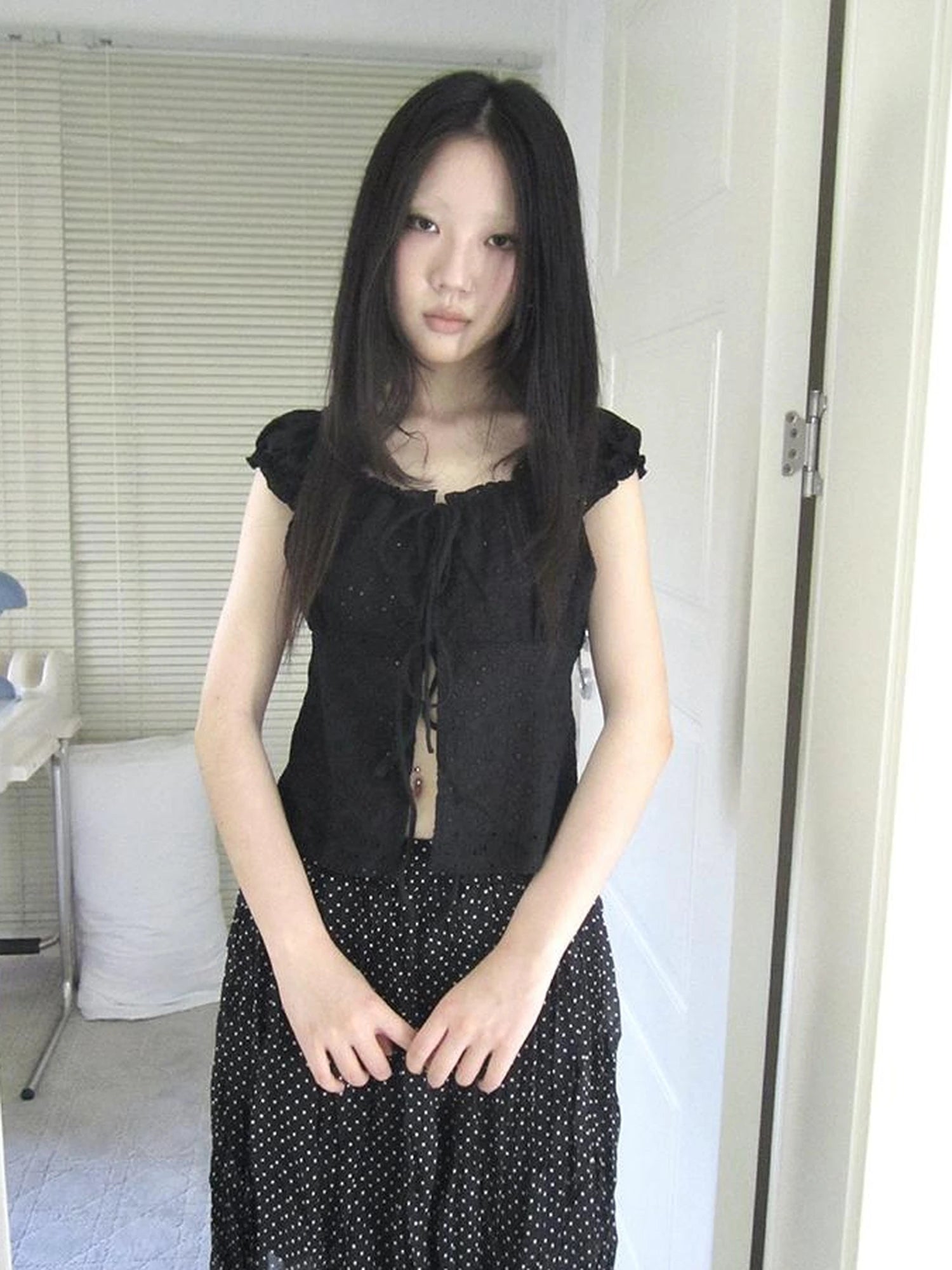 Vintage Korean Summer Layered Hollow Out Tie Crop Top