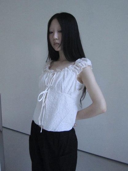 ang project Vintage Korean Summer Layered Hollow Out Tie Crop Top