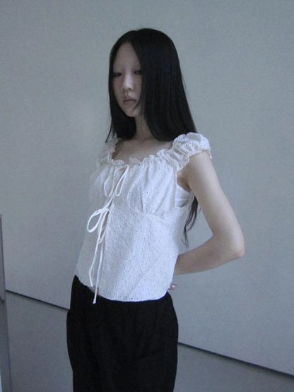 Vintage Korean Summer Layered Hollow Out Tie Crop Top