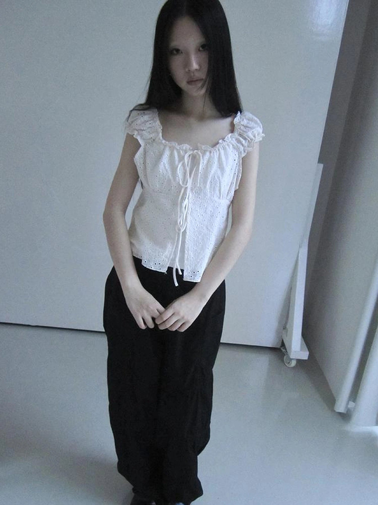 Vintage Korean Summer Layered Hollow Out Tie Crop Top