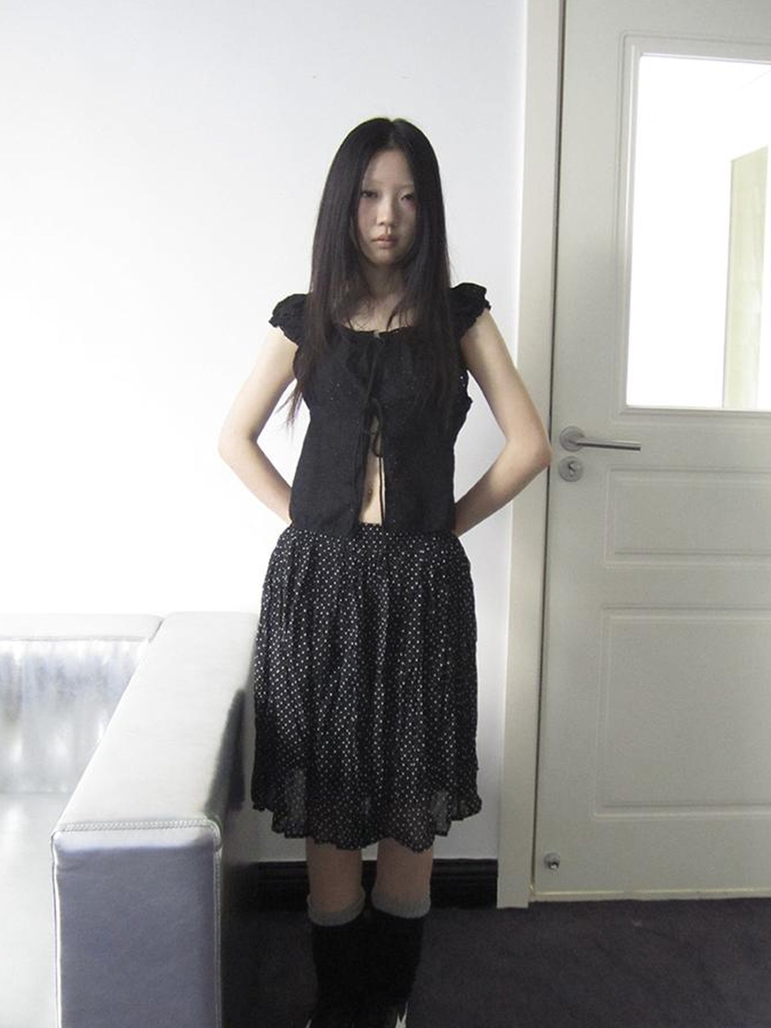 ang project Vintage Korean Summer Layered Hollow Out Tie Crop Top