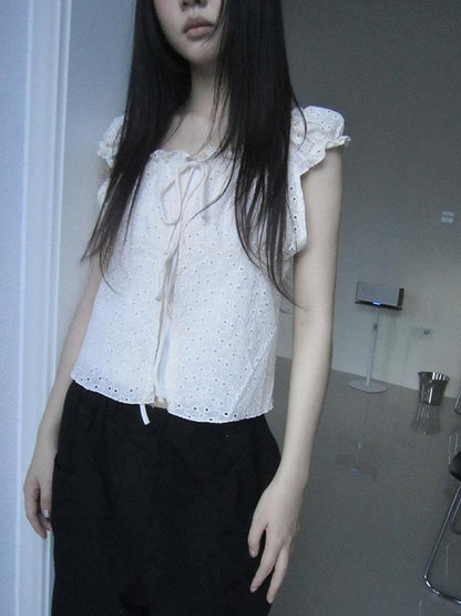 ang project Vintage Korean Summer Layered Hollow Out Tie Crop Top