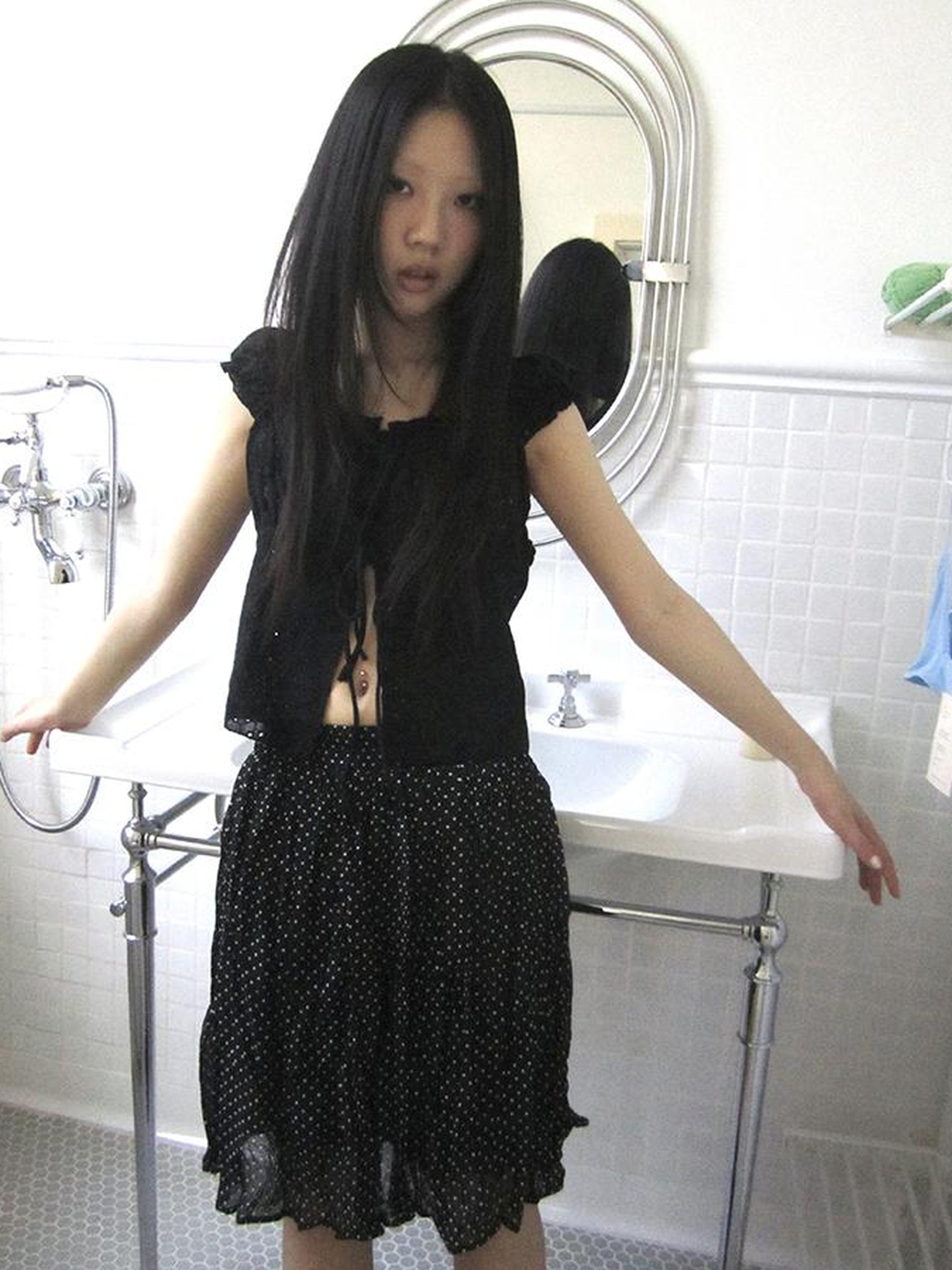 ang project Vintage Korean Summer Layered Hollow Out Tie Crop Top