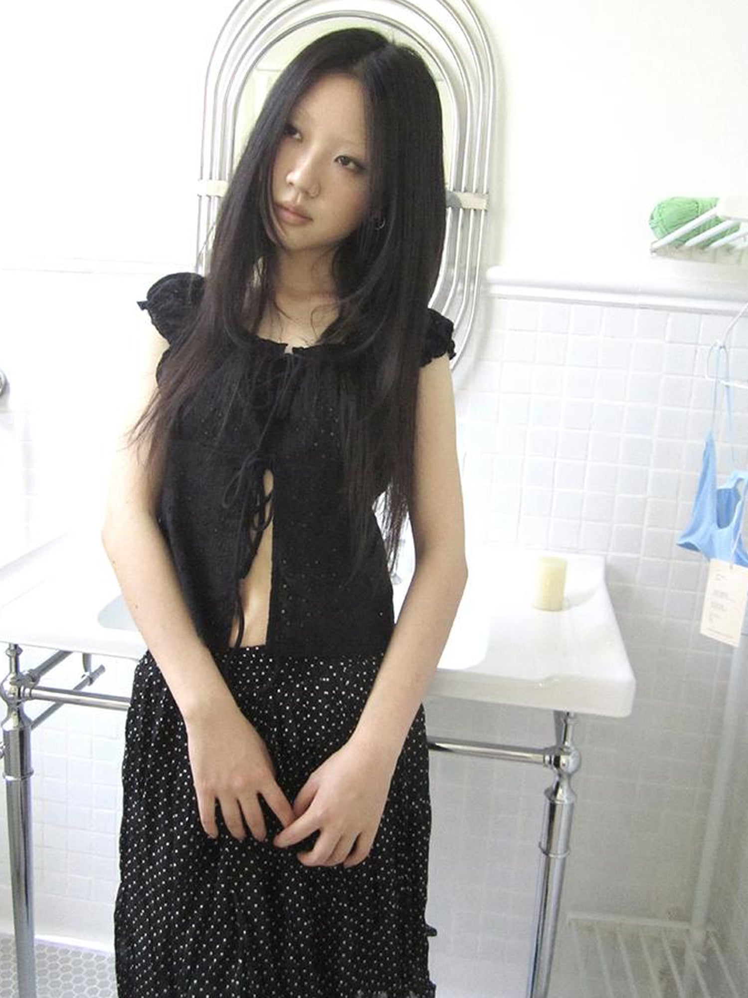 ang project Vintage Korean Summer Layered Hollow Out Tie Crop Top