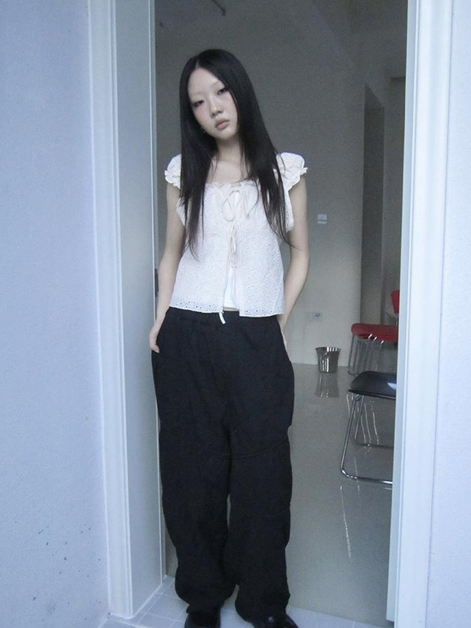 ang project Vintage Korean Summer Layered Hollow Out Tie Crop Top