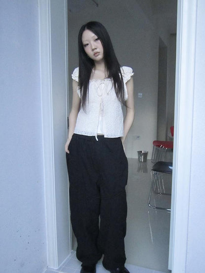 ang project Vintage Korean Summer Layered Hollow Out Tie Crop Top