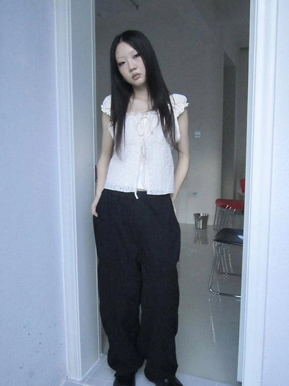 Vintage Korean Summer Layered Hollow Out Tie Crop Top