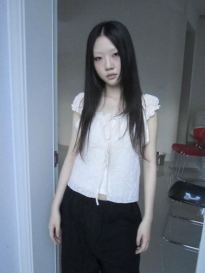 ang project Vintage Korean Summer Layered Hollow Out Tie Crop Top