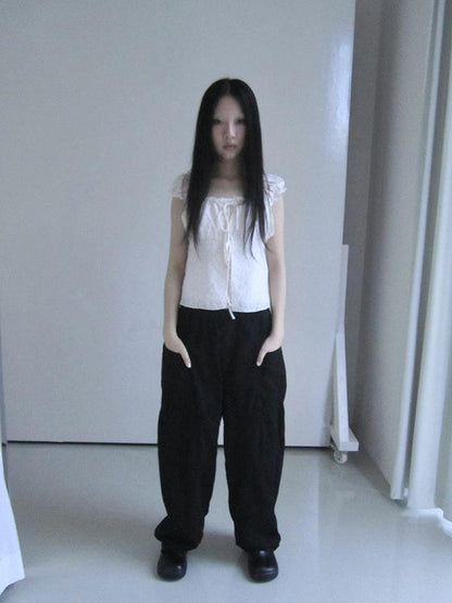ang project Vintage Korean Summer Layered Hollow Out Tie Crop Top