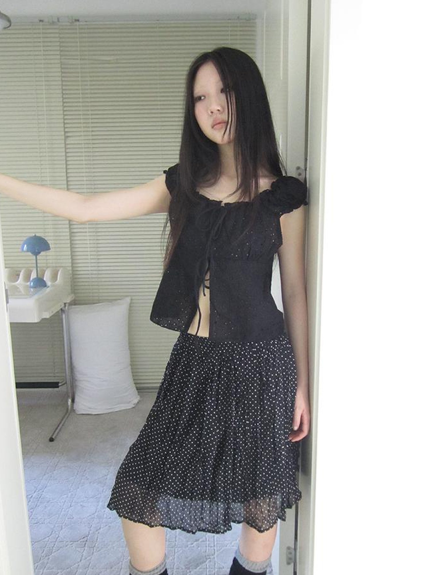 ang project Vintage Korean Summer Layered Hollow Out Tie Crop Top