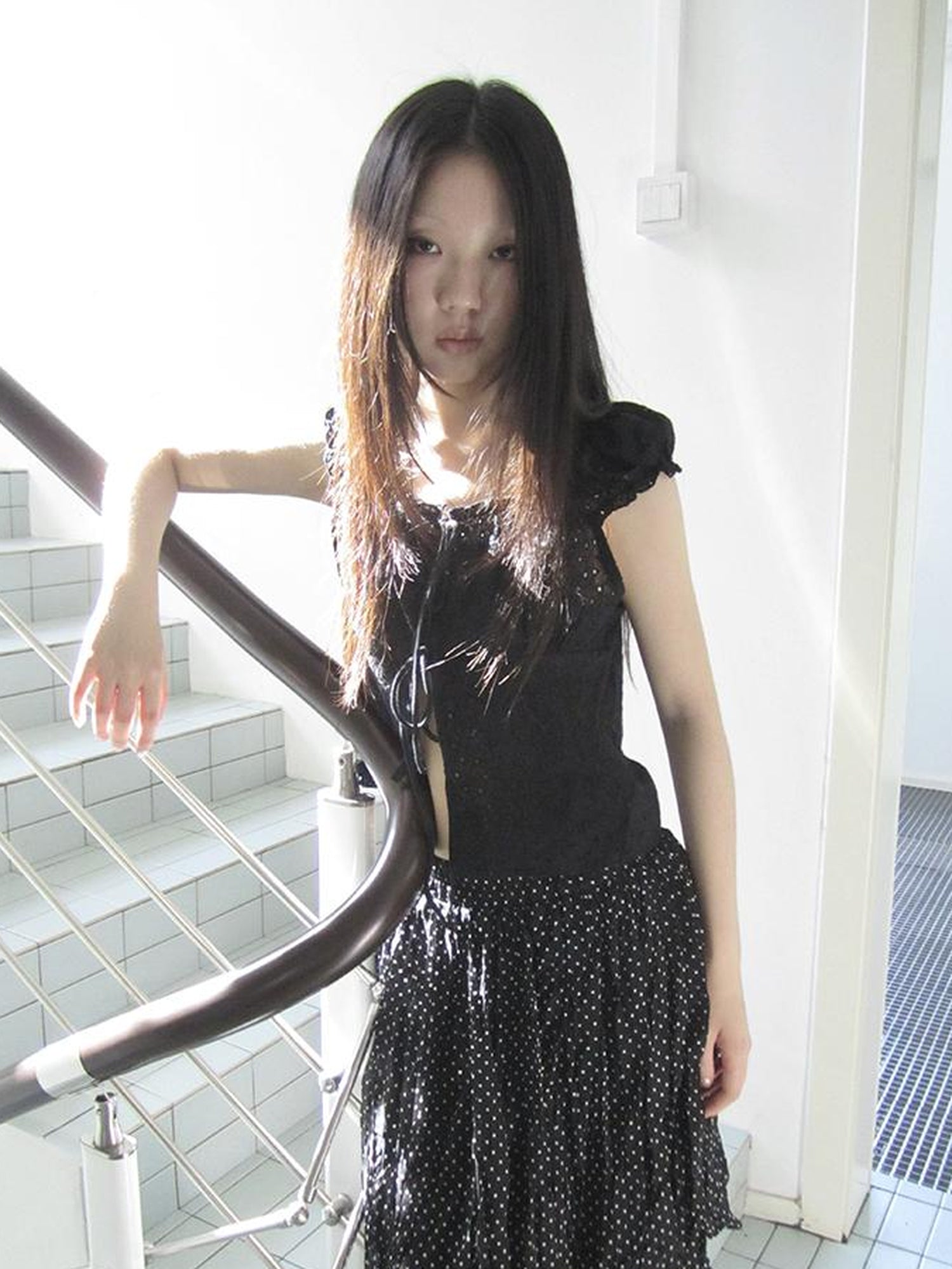 ang project Vintage Korean Summer Layered Hollow Out Tie Crop Top