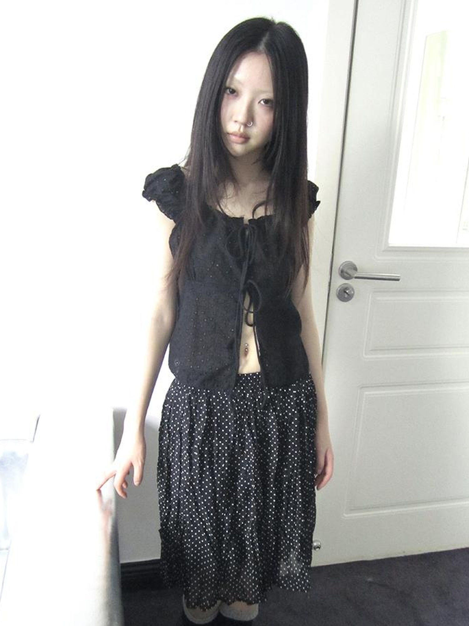 ang project Vintage Korean Summer Layered Hollow Out Tie Crop Top