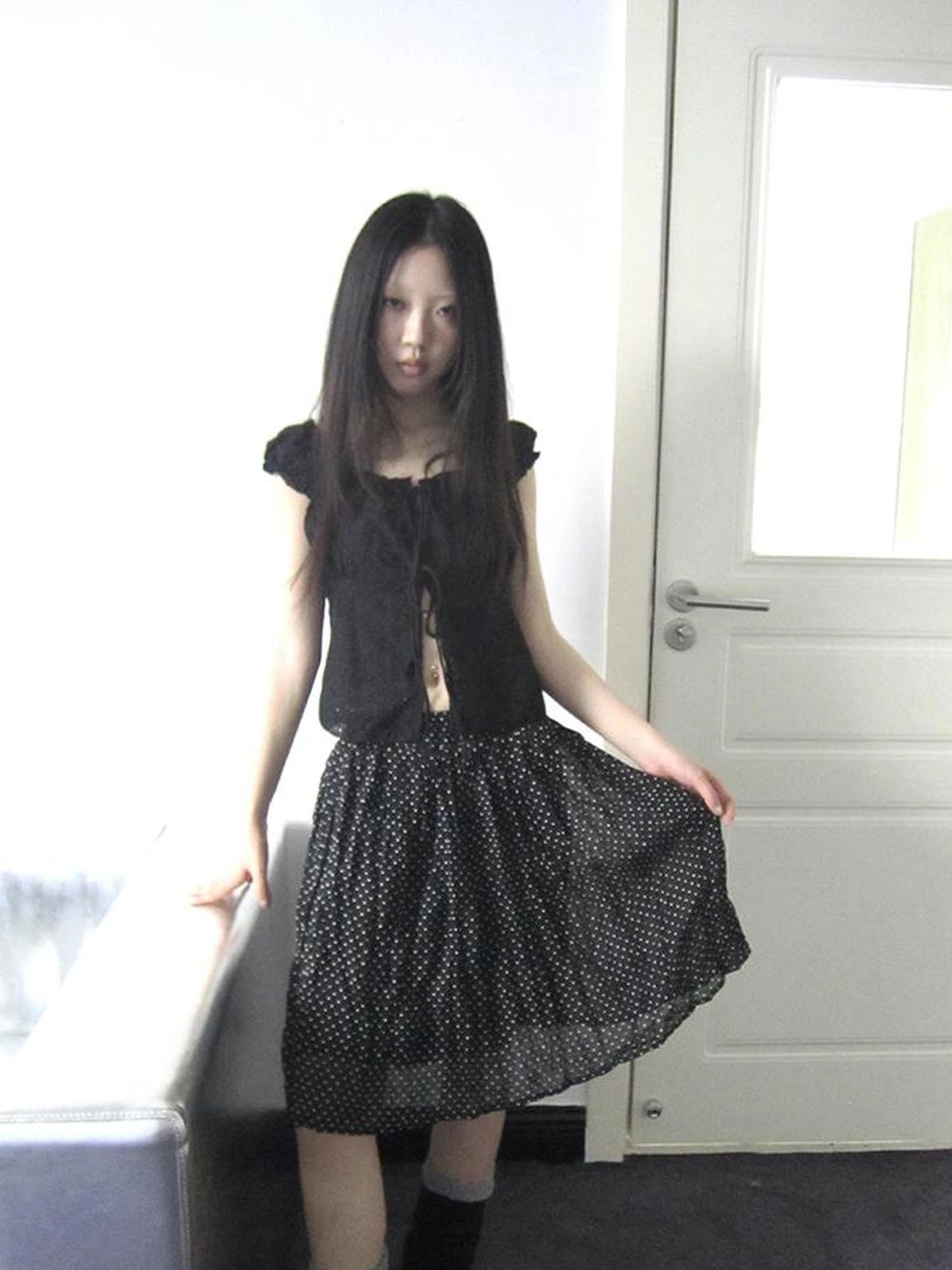 Vintage Korean Summer Layered Hollow Out Tie Crop Top