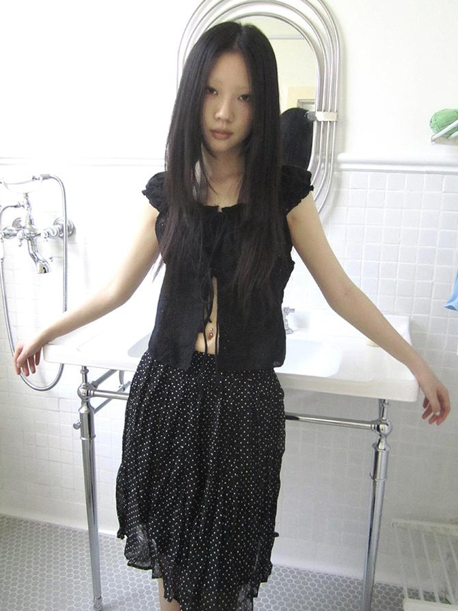 ang project Vintage Korean Summer Layered Hollow Out Tie Crop Top