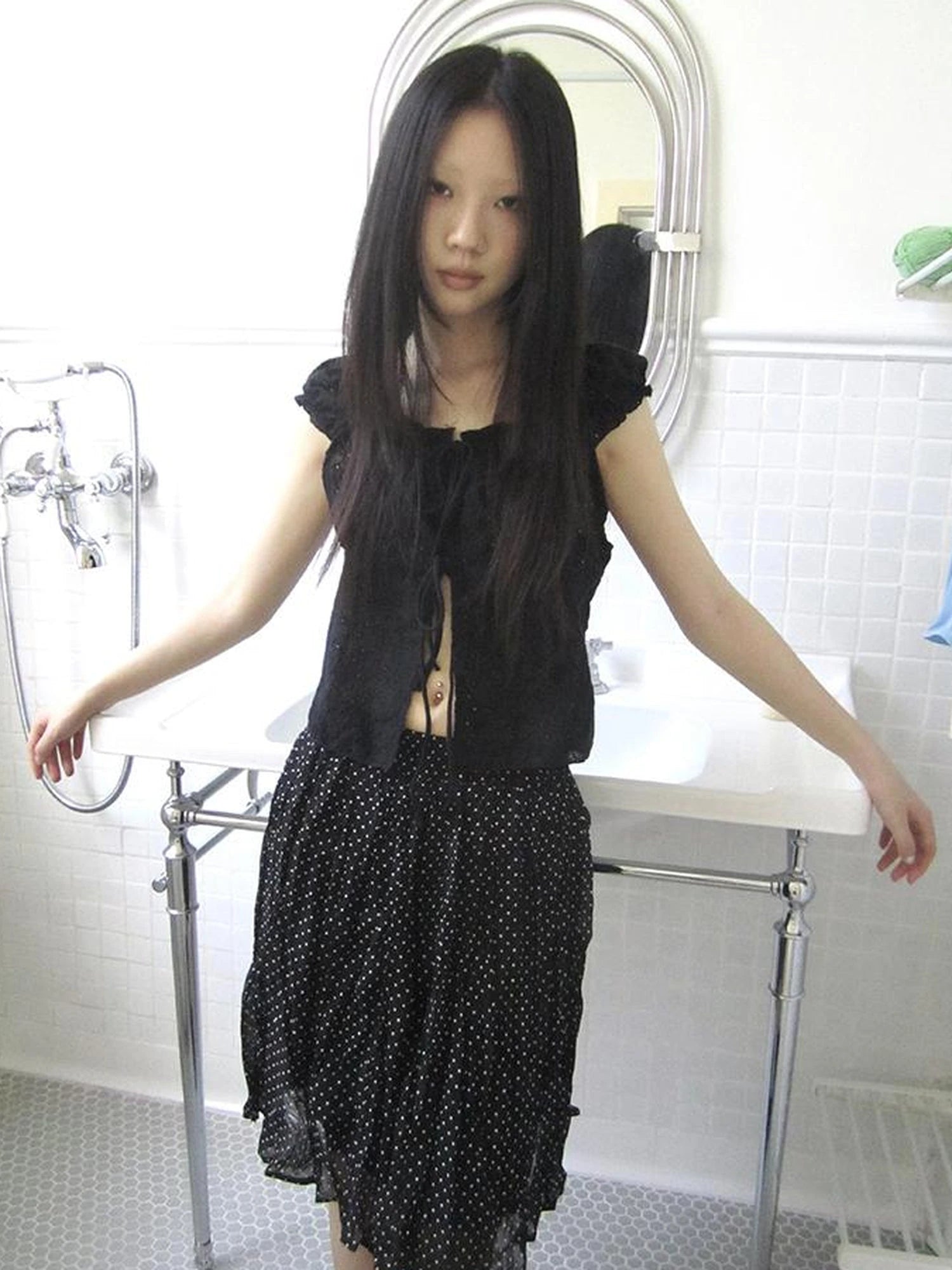 Vintage Korean Summer Layered Hollow Out Tie Crop Top