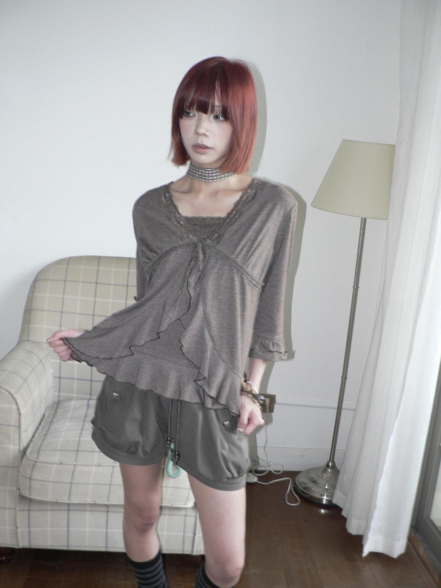 ang project Vintage Lace Camisole And Tie Three Quarter Bell Sleeve Women&