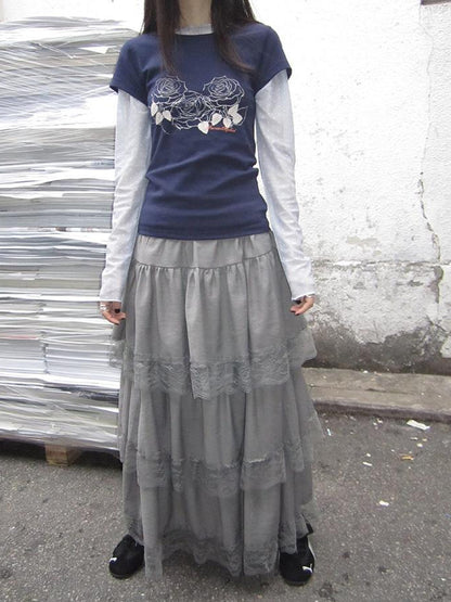 ang project Vintage Lace Tiered Ruffle Hem Cake Skirt