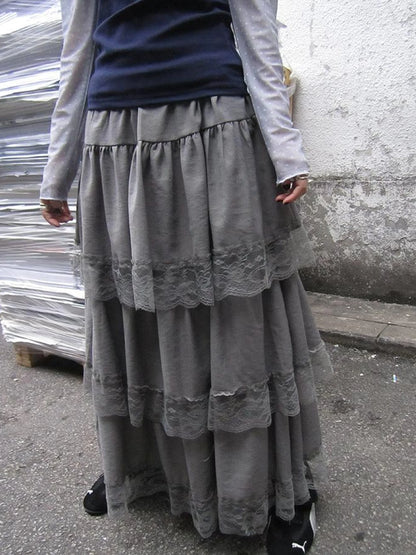 Vintage Lace Tiered Ruffle Hem Cake Skirt