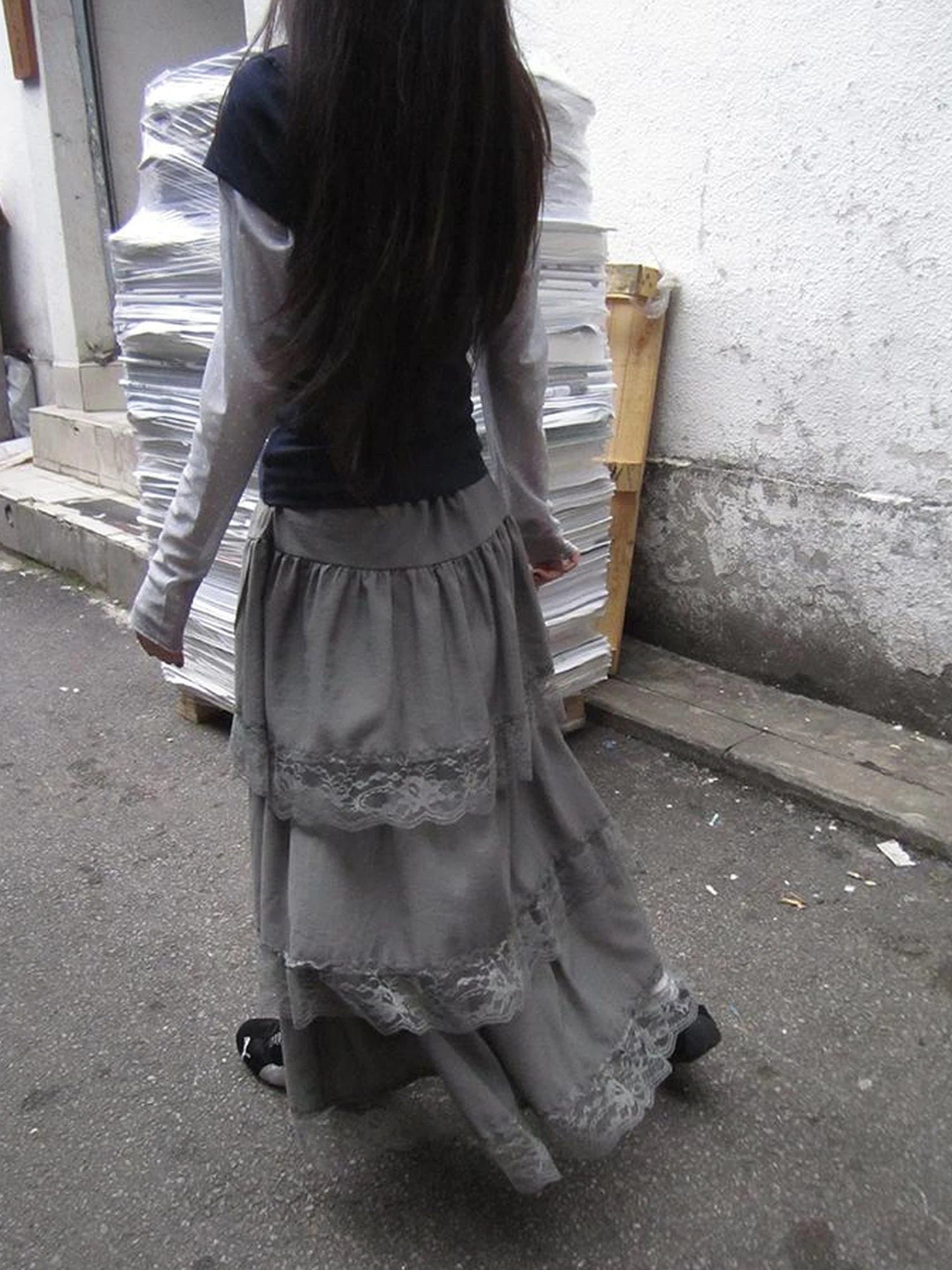 Vintage Lace Tiered Ruffle Hem Cake Skirt