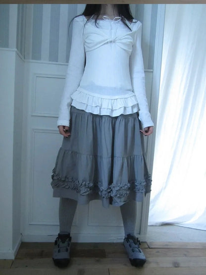 ang project Vintage Lace Trim Ruffle Hem A Line Skirt Skirt