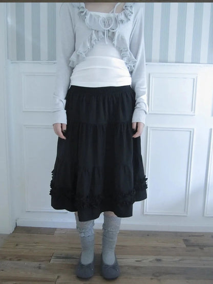 ang project Vintage Lace Trim Ruffle Hem A Line Skirt Skirt