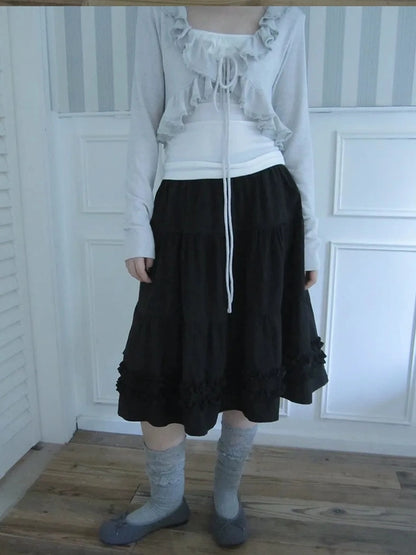 ang project Vintage Lace Trim Ruffle Hem A Line Skirt Skirt