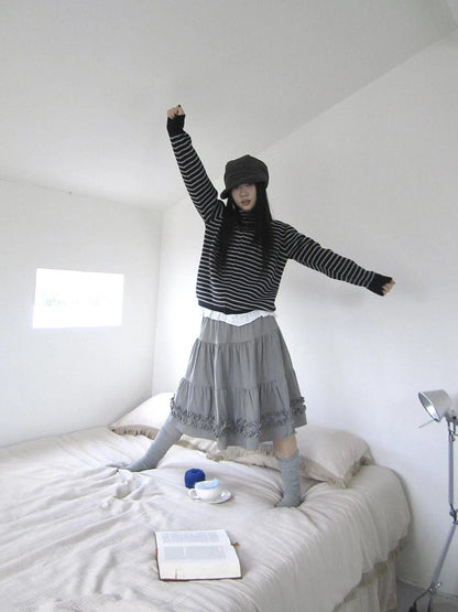 ang project Vintage Lace Trim Ruffle Hem A Line Skirt Skirt