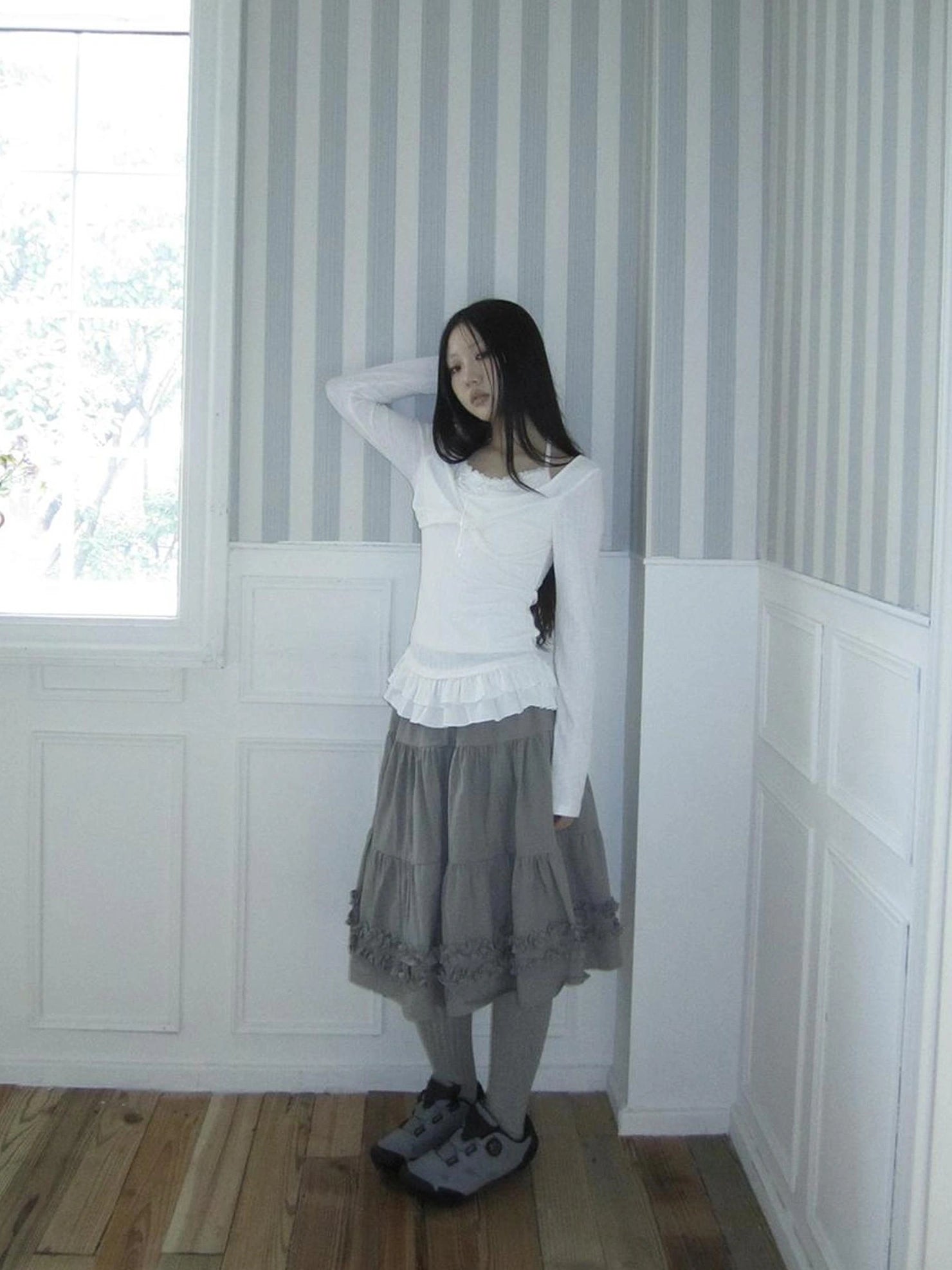 ang project Vintage Lace Trim Ruffle Hem A Line Skirt Skirt