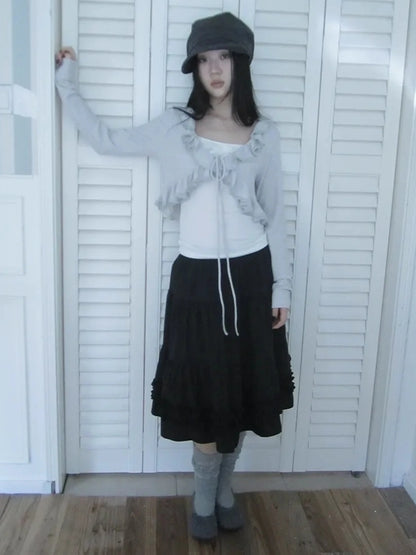 ang project Vintage Lace Trim Ruffle Hem A Line Skirt Skirt