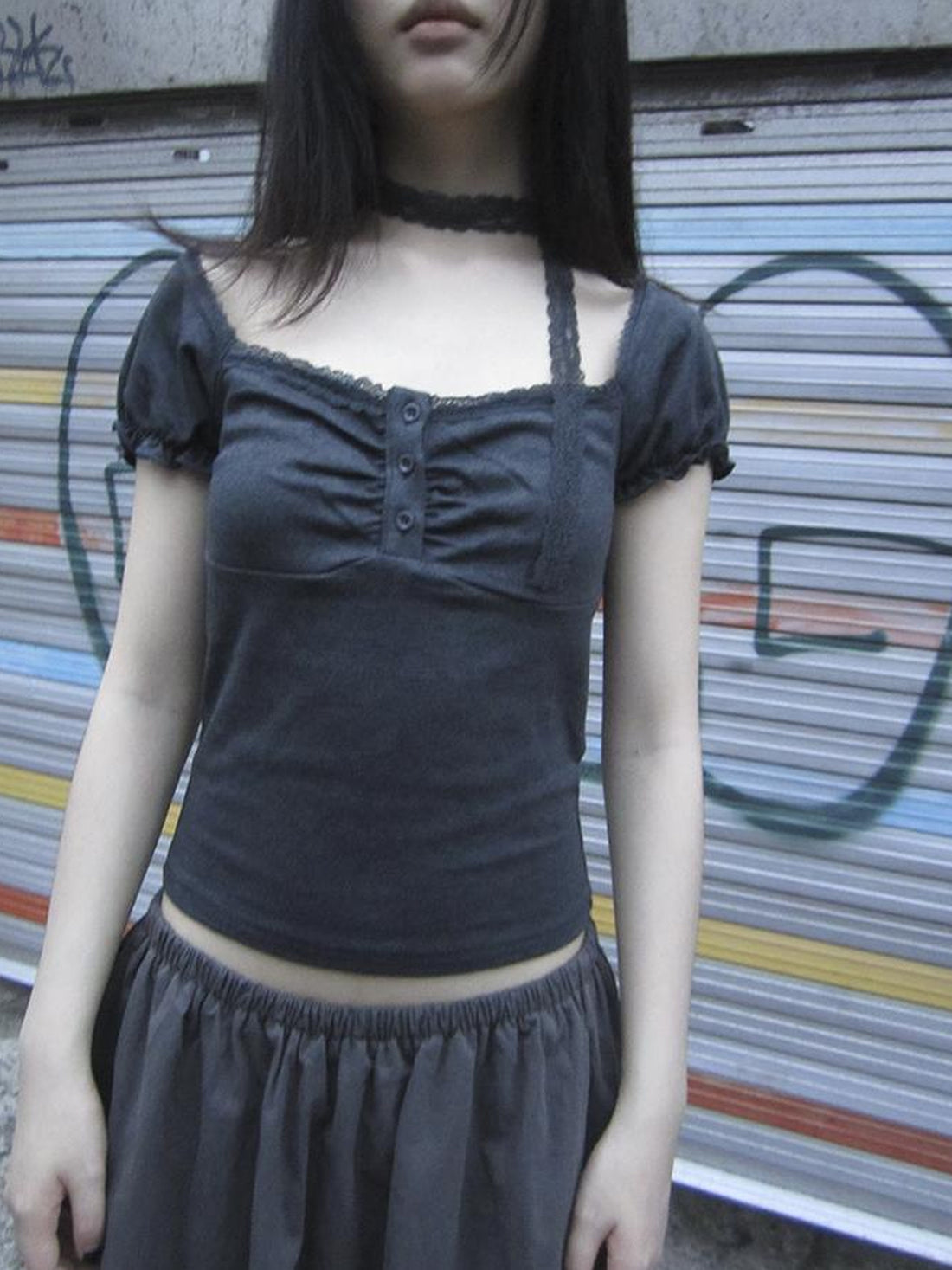 Updateang project Vintage Lace Trim Ruffled Button Detail Slim Fit Tee With Scarf