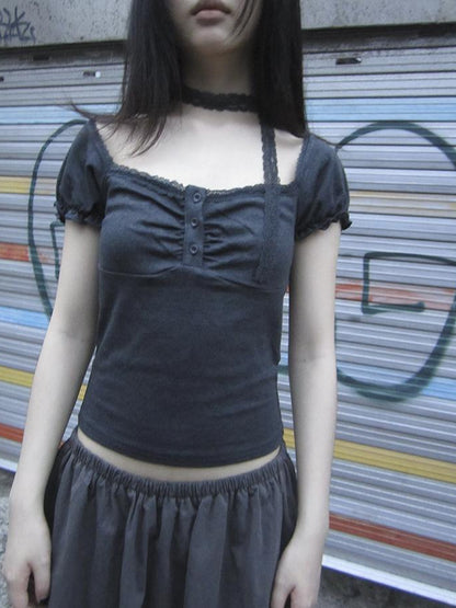 Updateang project Vintage Lace Trim Ruffled Button Detail Slim Fit Tee With Scarf