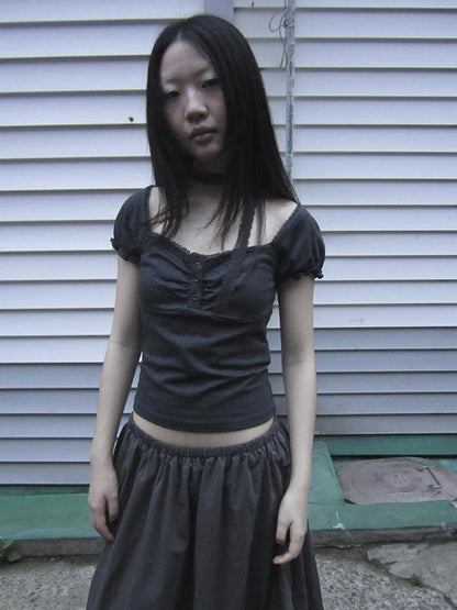 Updateang project Vintage Lace Trim Ruffled Button Detail Slim Fit Tee With Scarf