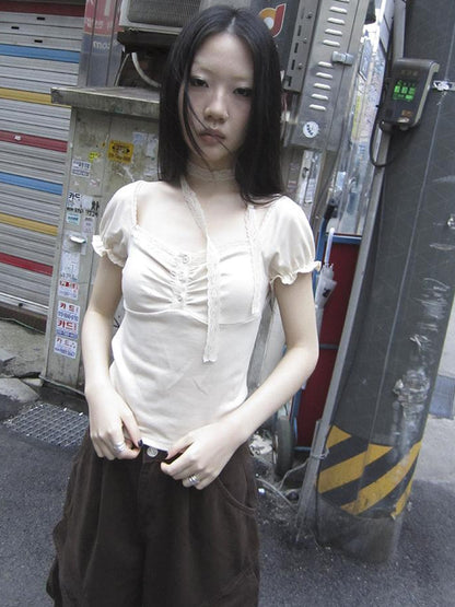 Updateang project Vintage Lace Trim Ruffled Button Detail Slim Fit Tee With Scarf