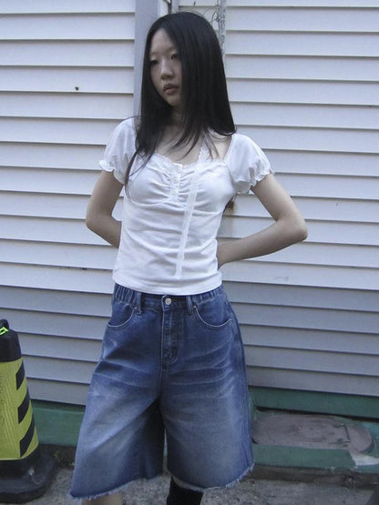 Updateang project Vintage Lace Trim Ruffled Button Detail Slim Fit Tee With Scarf