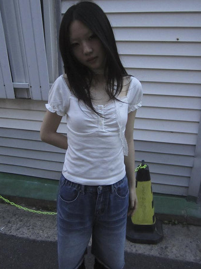 Updateang project Vintage Lace Trim Ruffled Button Detail Slim Fit Tee With Scarf