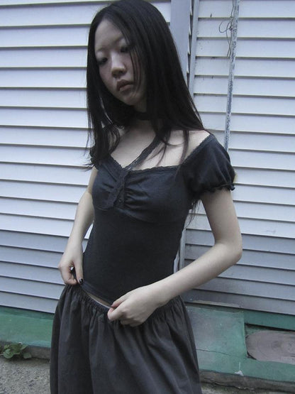Updateang project Vintage Lace Trim Ruffled Button Detail Slim Fit Tee With Scarf