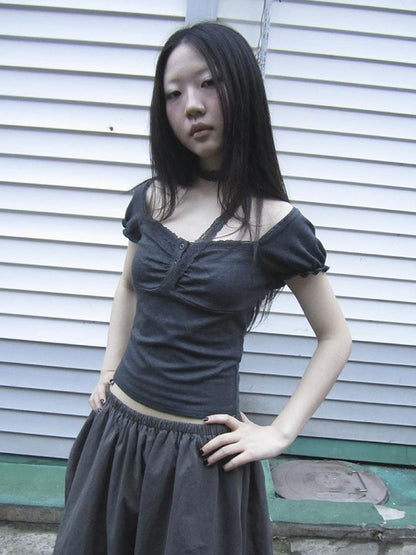 Updateang project Vintage Lace Trim Ruffled Button Detail Slim Fit Tee With Scarf