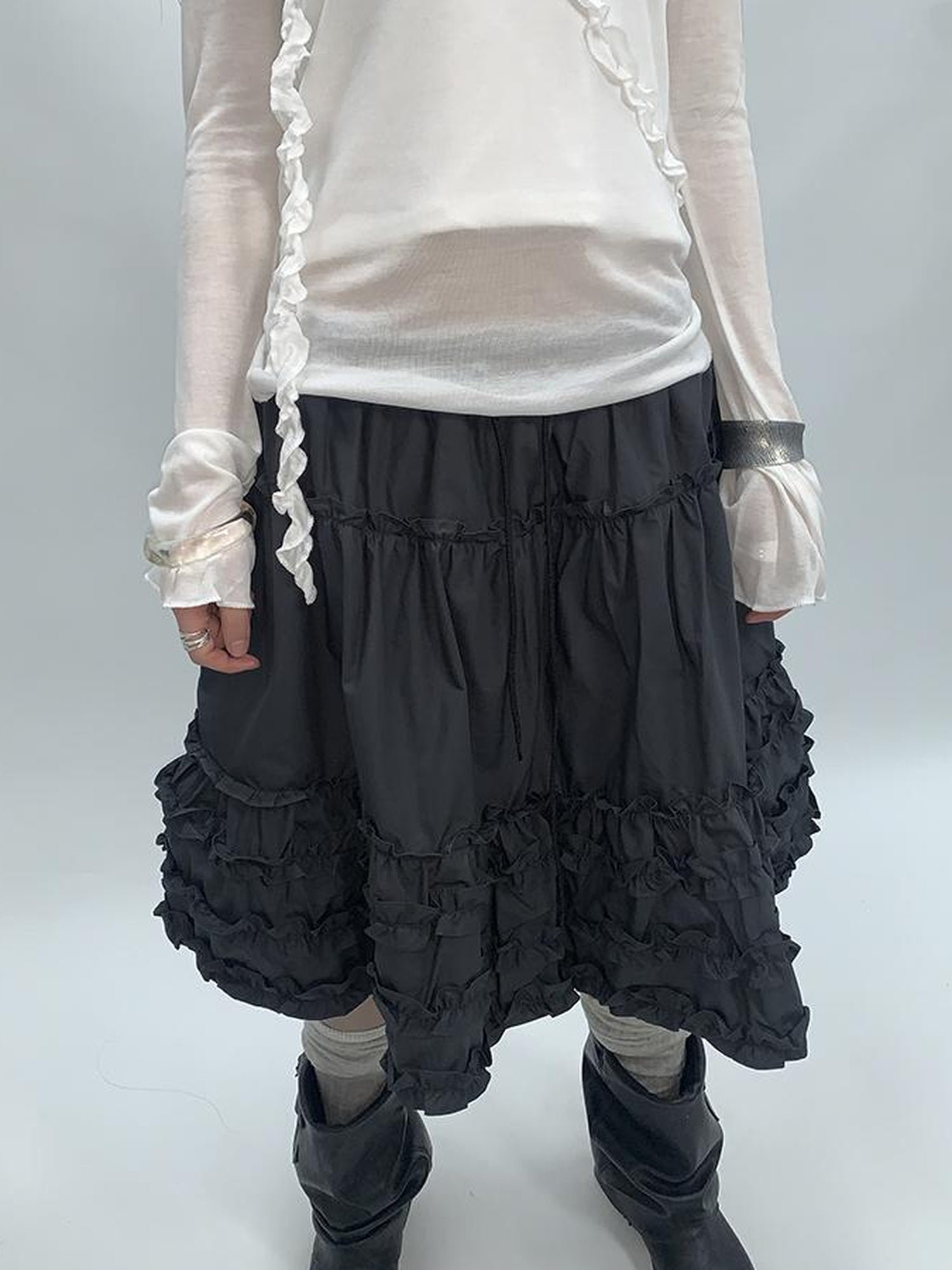 ang project Vintage Lace Trim Tiered Ruffle Skirt With Elastic Waist