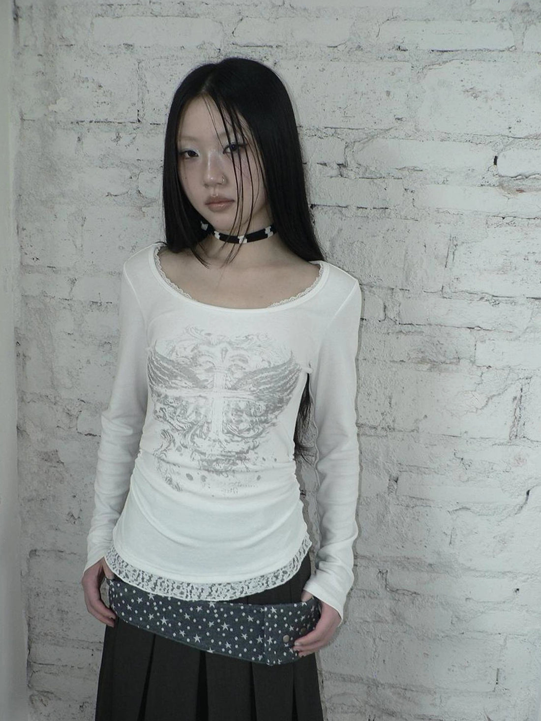 ang project Vintage Lace Trim U Neck Floral Print T-shirt T-shirt