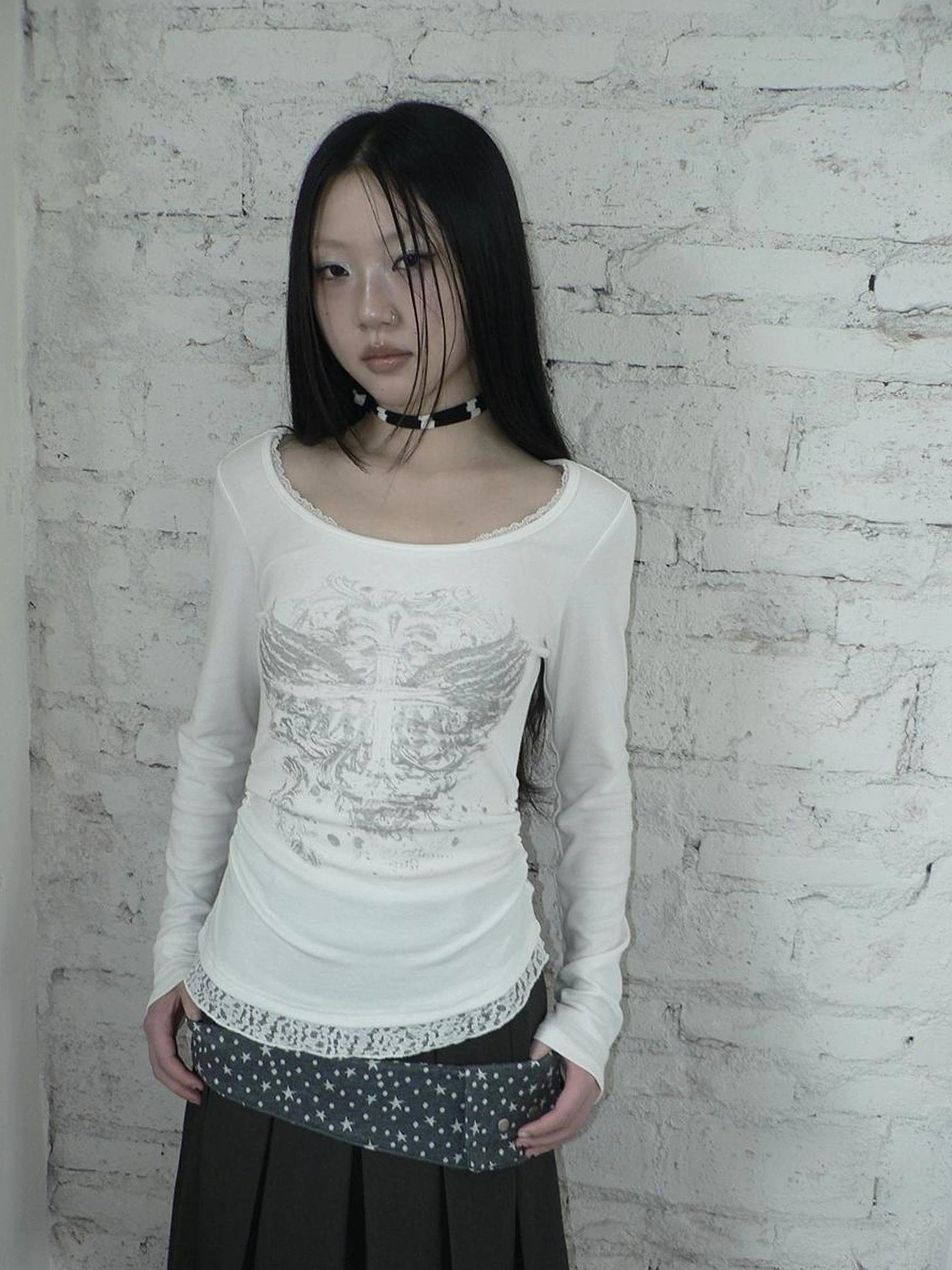 ang project Vintage Lace Trim U Neck Floral Print T-shirt T-shirt