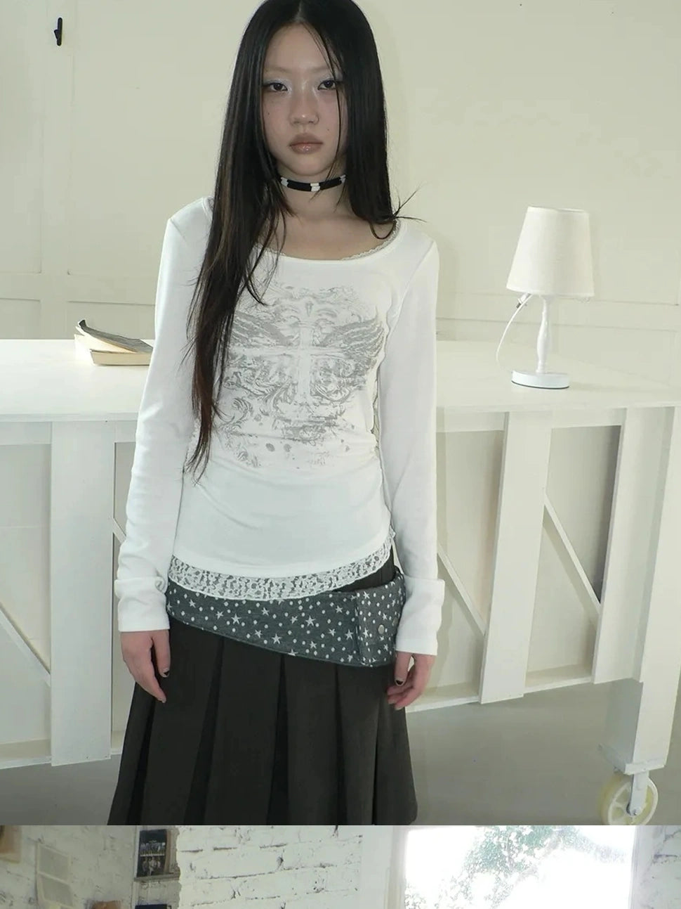 ang project Vintage Lace Trim U Neck Floral Print T-shirt T-shirt