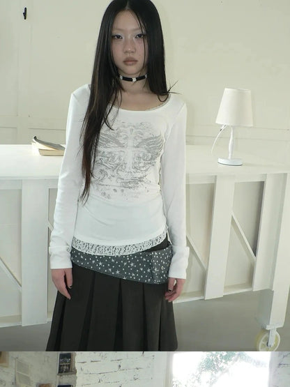 ang project Vintage Lace Trim U Neck Floral Print T-shirt T-shirt