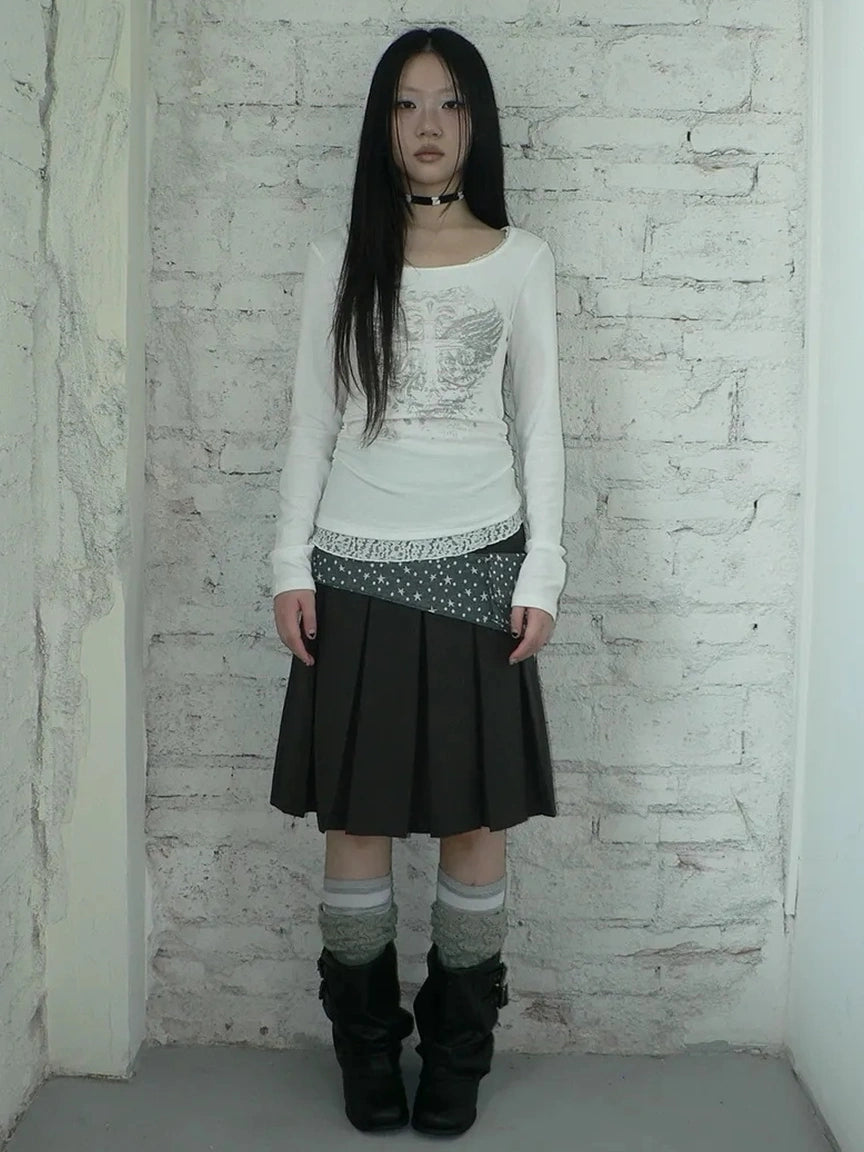 ang project Vintage Lace Trim U Neck Floral Print T-shirt T-shirt