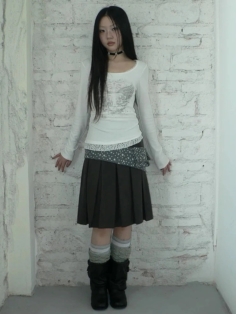 ang project Vintage Lace Trim U Neck Floral Print T-shirt T-shirt