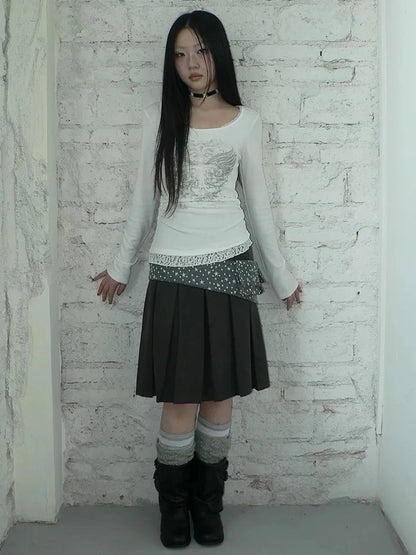 ang project Vintage Lace Trim U Neck Floral Print T-shirt T-shirt