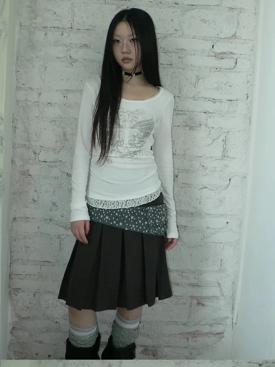 ang project Vintage Lace Trim U Neck Floral Print T-shirt T-shirt