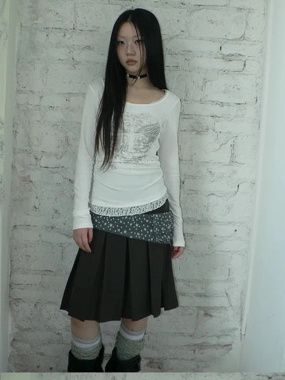 ang project Vintage Lace Trim U Neck Floral Print T-shirt T-shirt